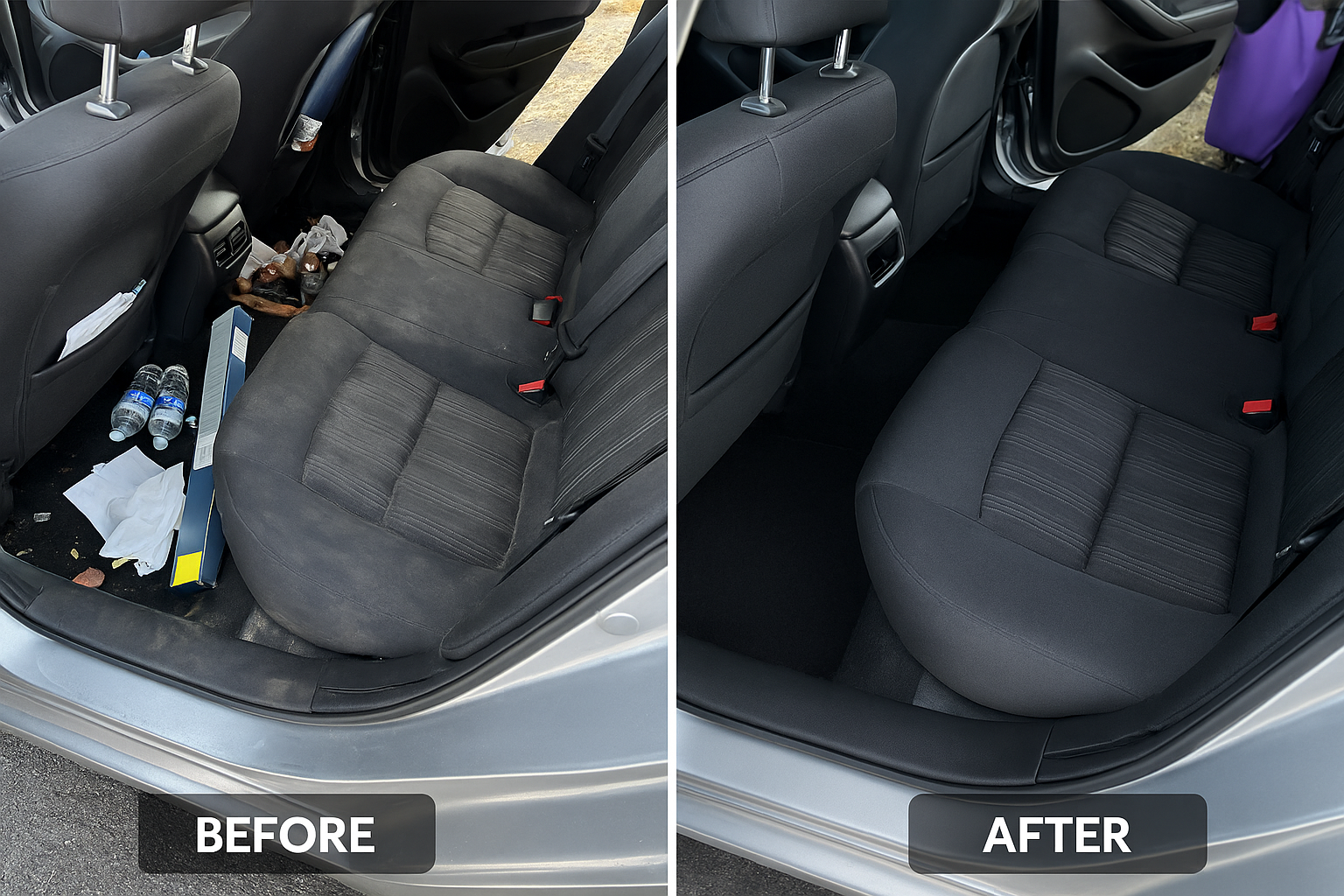 Comparison photo showing dirty, cluttered car backseat with trash and items in the 'before' image, and a clean, tidy black car backseat in the 'after' image.