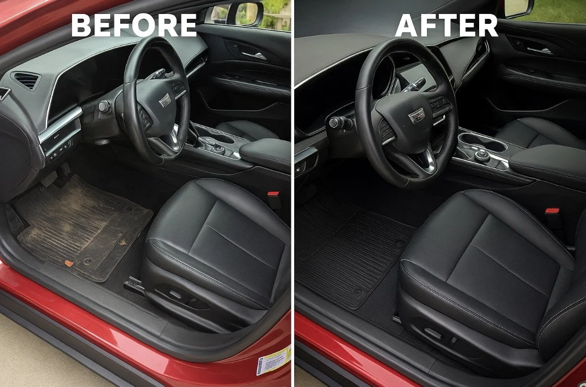 Comparison of a car interior before and after cleaning, showing a dusty floor mat and dashboard in the before image, and a clean floor mat and dashboard in the after image.