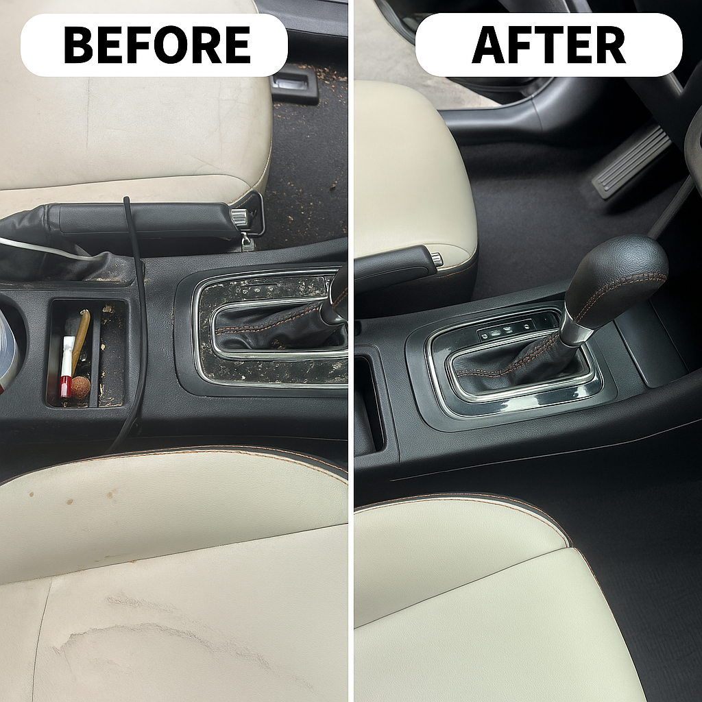 Comparison of the car interior before and after cleaning, showing the center console and gear shift area. The 'before' side has dust, dirt, and stains, while the 'after' side is clean and spotless.
