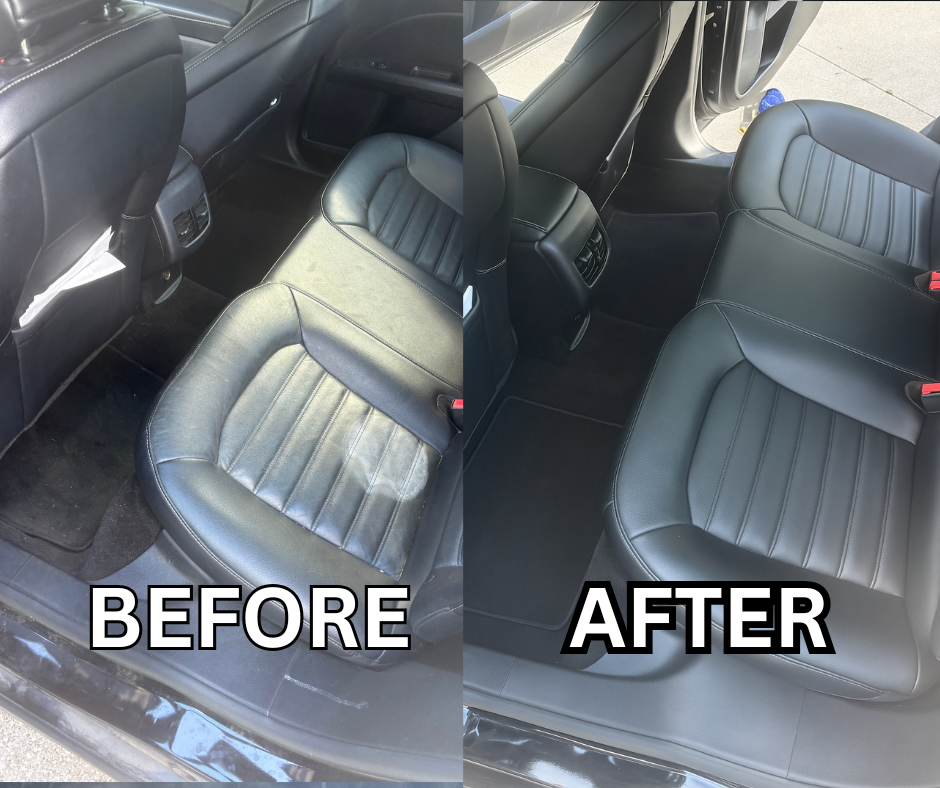 Comparison of car interior seats before and after cleaning with the back seat area shown. The before side has a worn, slightly stained seat, while the after side has a clean, new-looking seat.