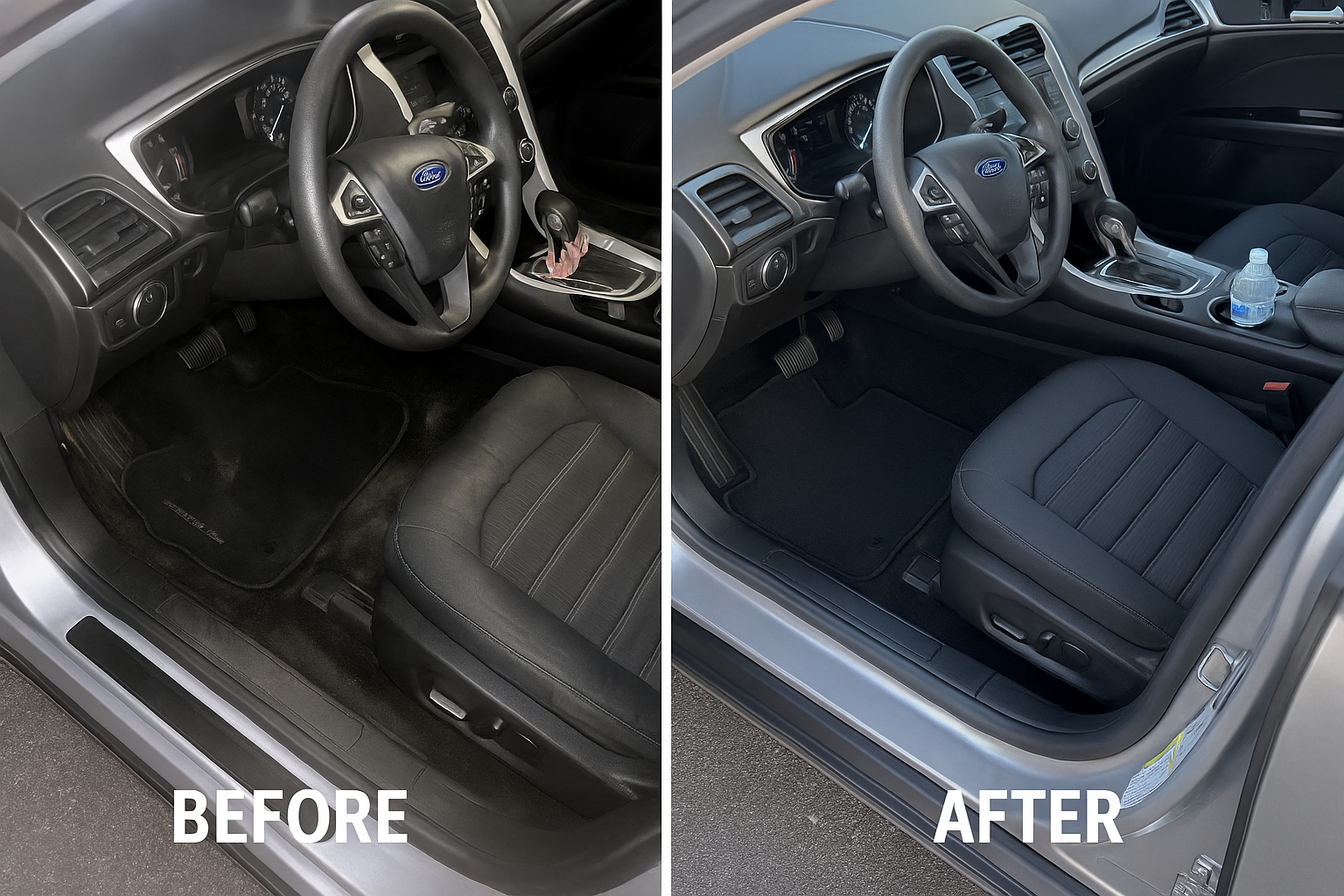 Comparison of car interior before and after cleaning, showing improved cleanliness and organization.