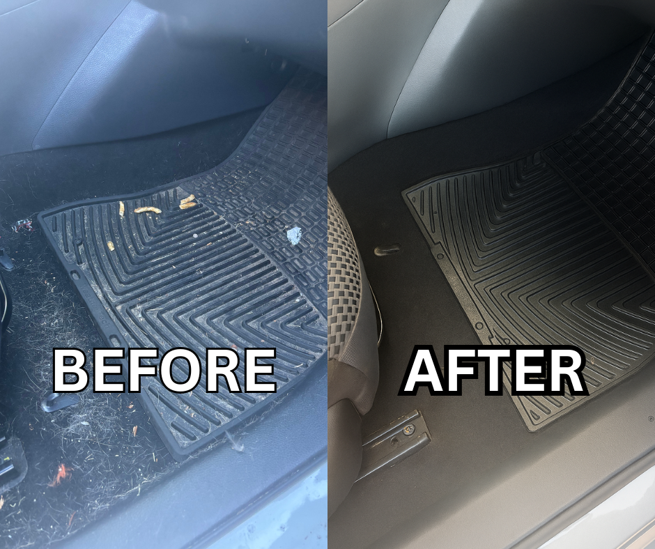 Comparison of car floor mats before and after cleaning; the 'before' side shows a dirty, cluttered mat with debris, while the 'after' side shows a clean, well-maintained mat.