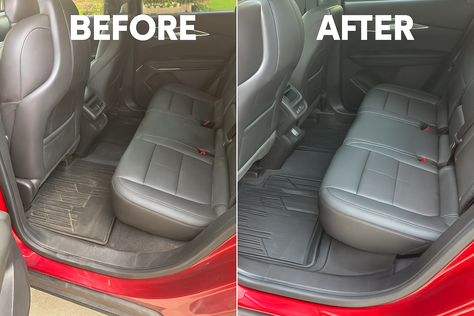 Comparison of the backseat area of a car before and after cleaning, showing cleaner, shiny seats and floor mats in the after photo.