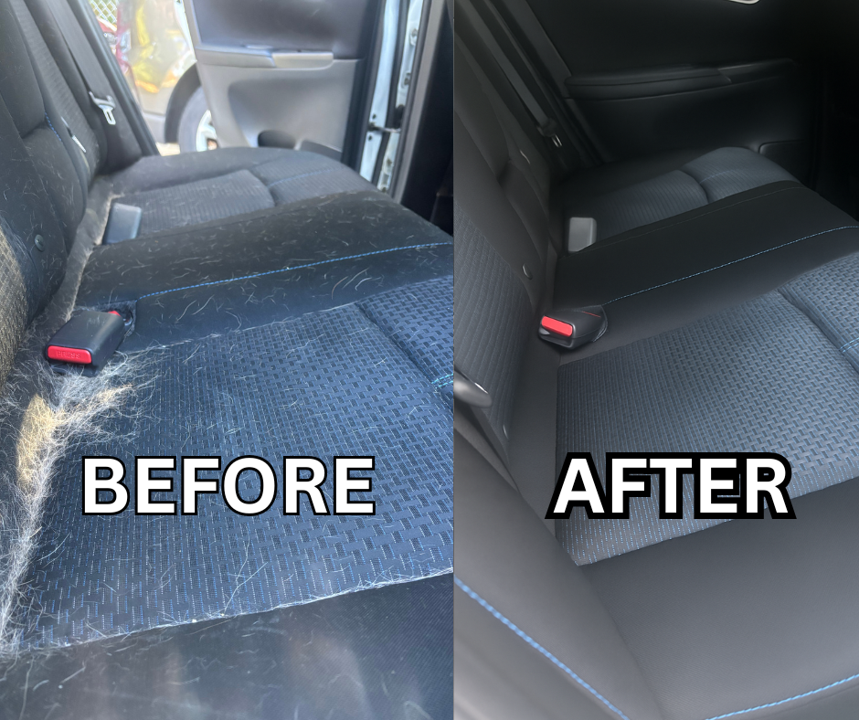 Side-by-side comparison of car backseat before and after cleaning. The before shows a dirty, hair-covered seat, while the after shows a clean, hair-free seat with new upholstery or cleaning.