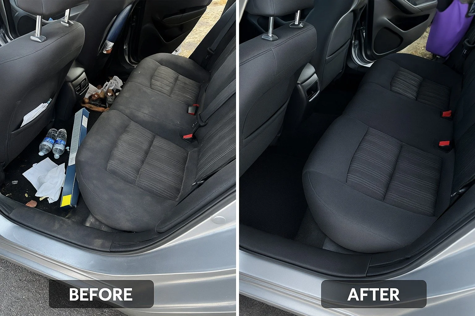 Comparison of a car's back seat area before and after cleaning. The 'before' side shows a cluttered and dirty seat with trash and bottles, while the 'after' side shows a cleaned, neatly maintained seat.