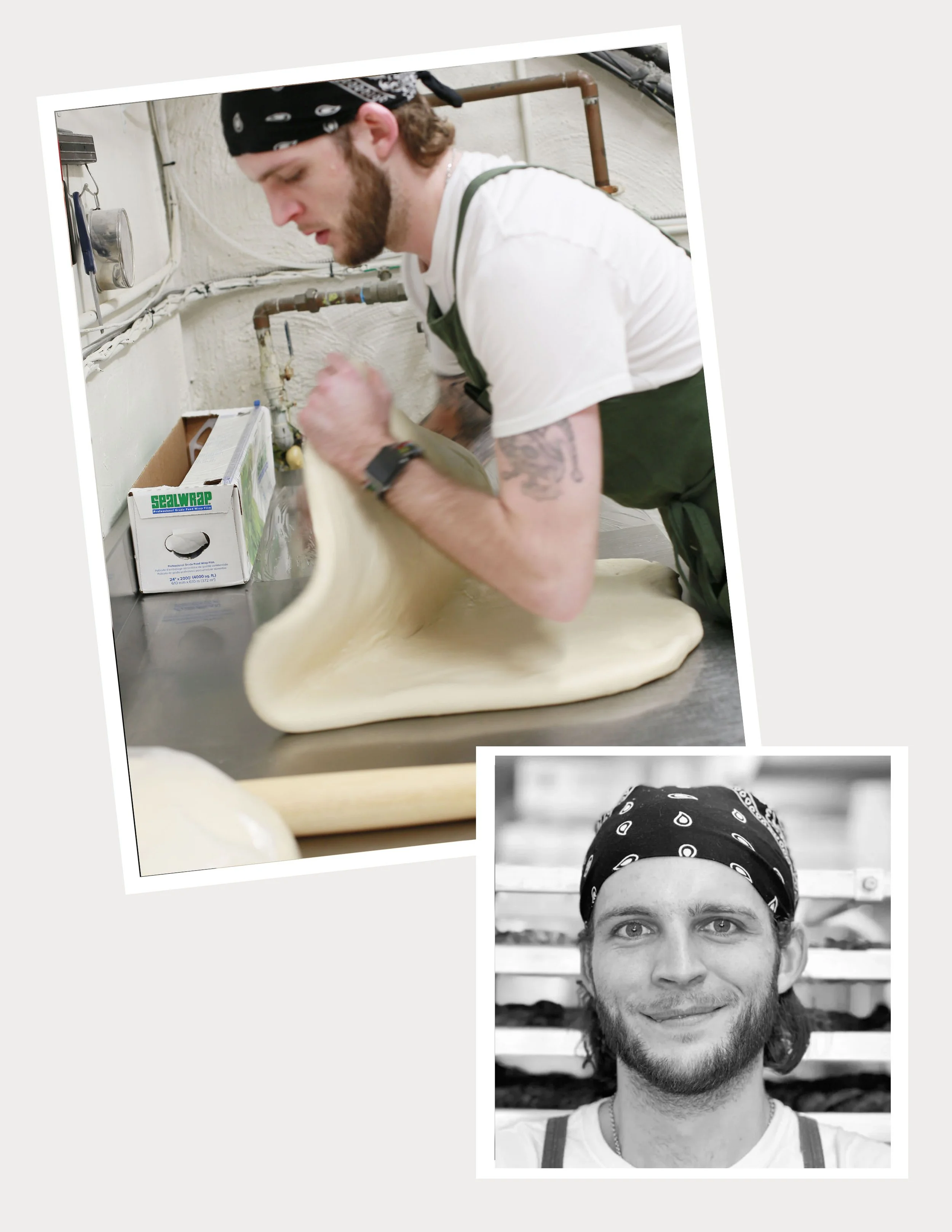 A man kneading dough on a stainless steel table in a bakery, wearing a black bandana and a white t-shirt, with a black and white photo of himself smiling below.