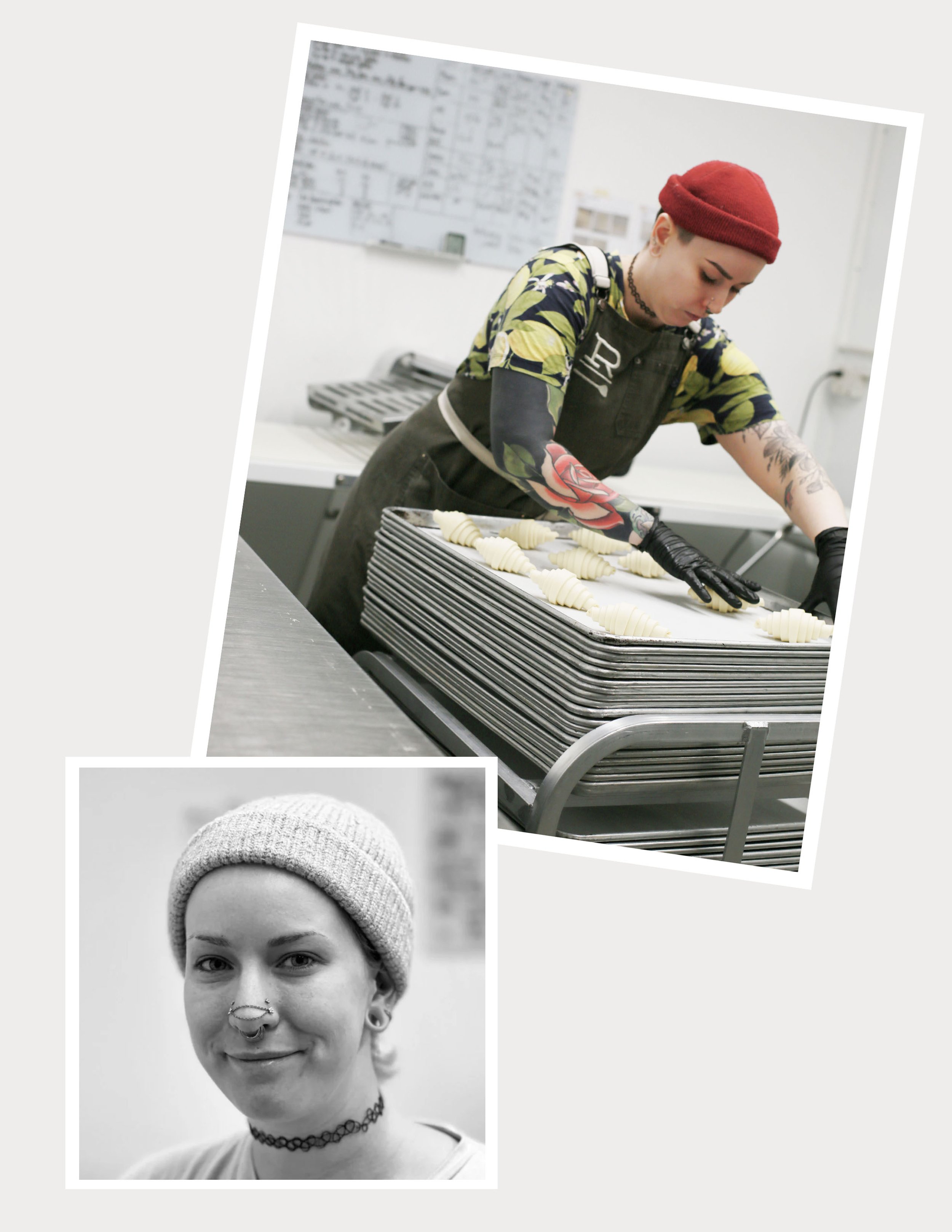 A woman with tattoos and a red beanie prepares pastries on a tray, with a black apron, in a kitchen. A black and white portrait of a woman with a beanie and a choker necklace is also shown.