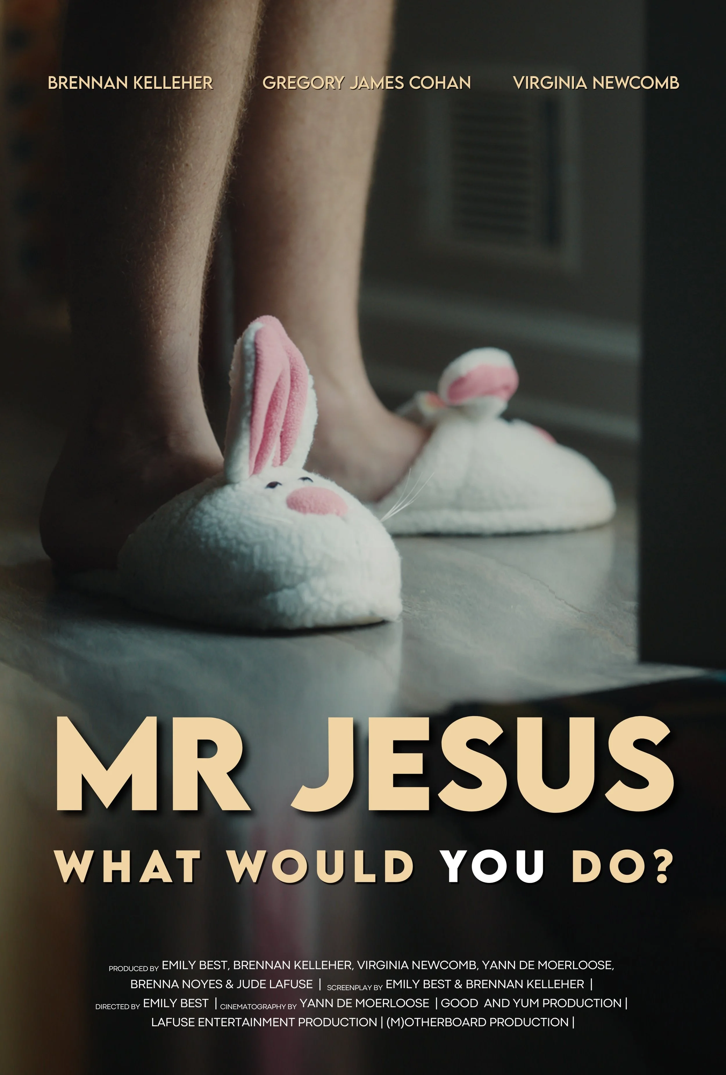 The film's poster, a close-up of a person's feet wearing bunny slippers on a wooden floor, with a window in the background. The title of the film, MR JESUS is displayed in prominent typeface across the image.
