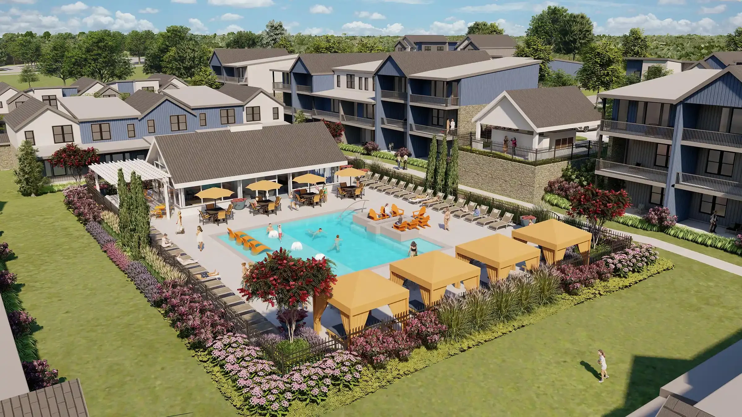 A modern residential complex with a central swimming pool surrounded by lounge chairs, umbrellas, and landscaped gardens, with multiple residential buildings and trees in the background.