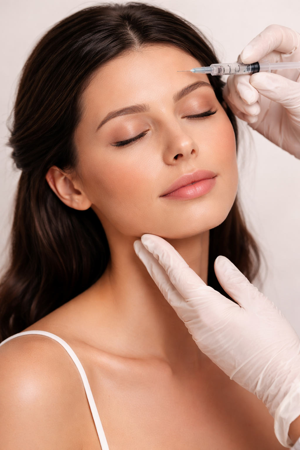 A woman with closed eyes receives a cosmetic injection in her forehead from a healthcare professional wearing gloves.