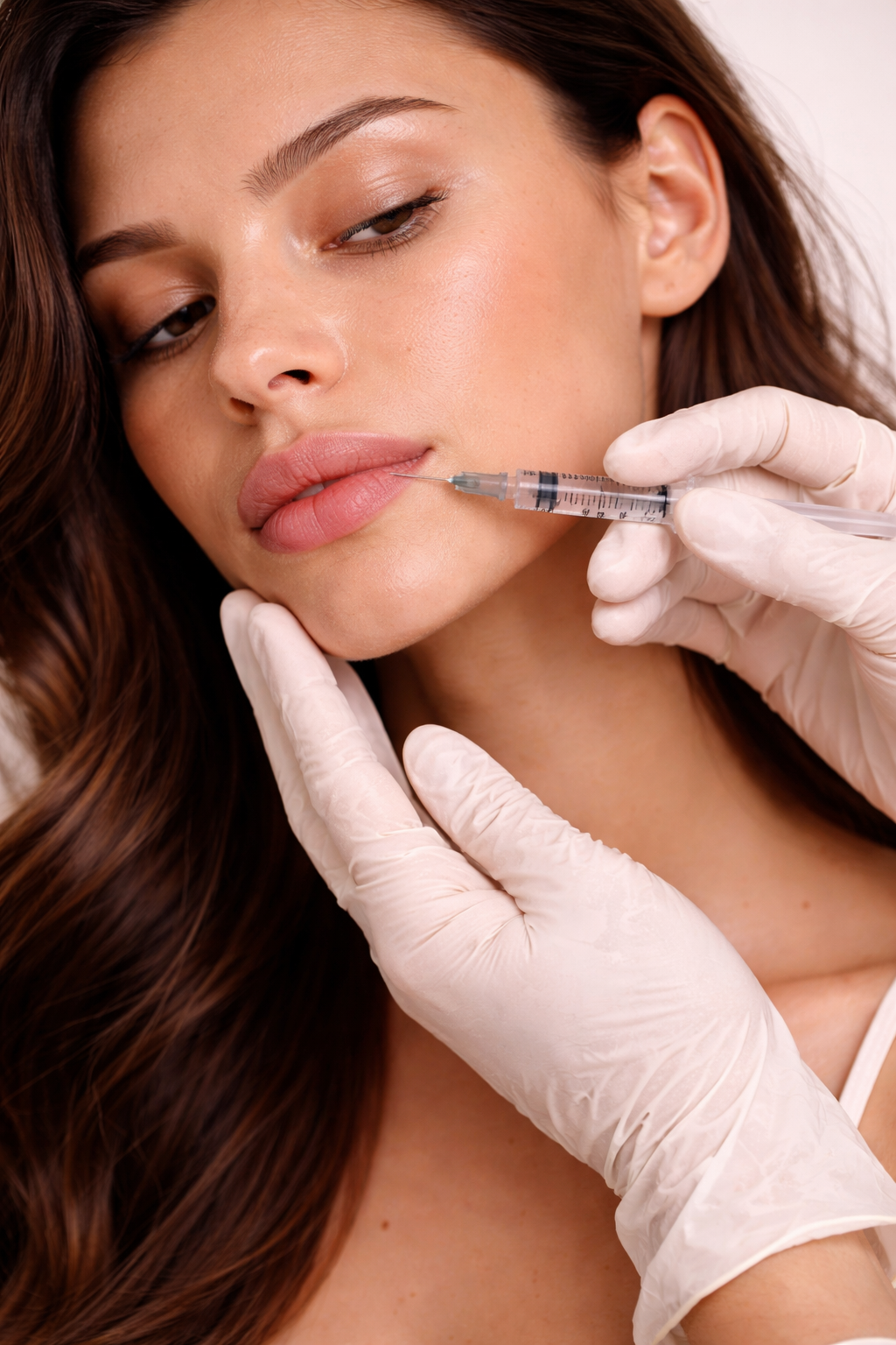 A woman receiving a cosmetic lip injection from a healthcare professional wearing gloves.
