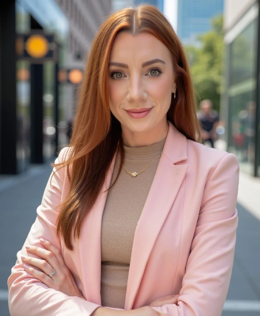 A woman with long red hair and green eyes smiling outdoors, wearing a pink blazer over a beige top, with her arms crossed, in an urban setting with buildings and trees in the background.