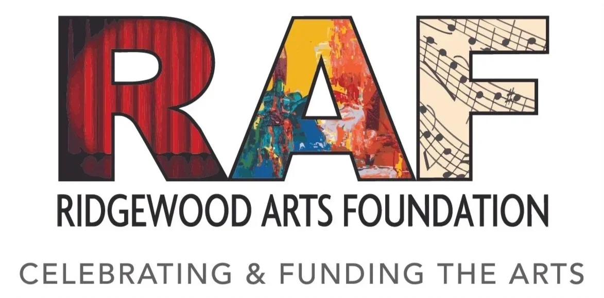 The word 'RAE' with each letter filled with unique artistic designs, and the text 'Ridgewood Arts Foundation' and 'Celebrating & Funding the Arts' underneath.