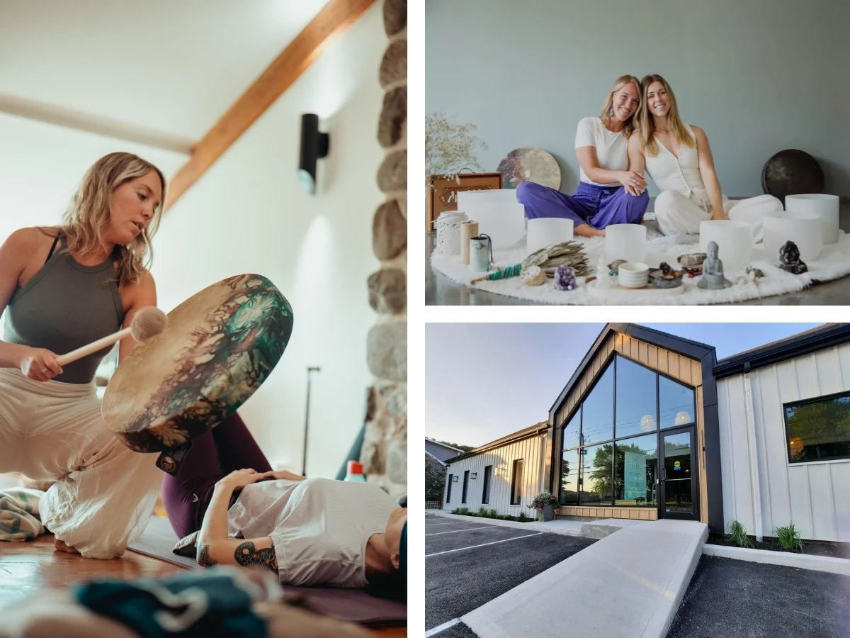 Séance de bain sonore et de Reiki chez Regenessence, montrant une praticienne en sonothérapie, un espace de bien-être holistique et le lieu d’accueil.