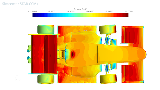A computer simulation showing pressure distribution on a race car, with color coded pressure values from blue (low pressure) to red (high pressure). Fans of automotive aerodynamics may find this image interesting.