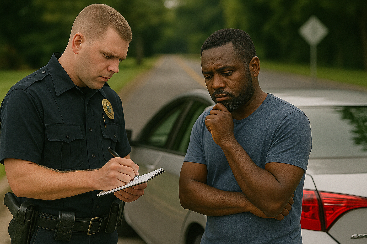A police officer in uniform writing in a notebook while a man in a blue shirt looks on thoughtfully next to a silver car on a suburban street.