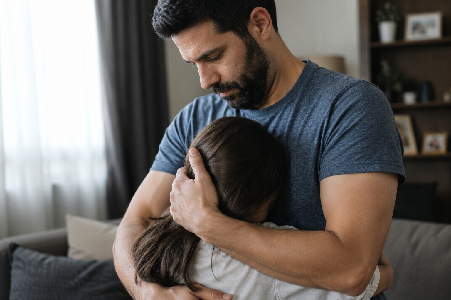 A person comforting a young girl by hugging her, with the girl's head resting on the person's chest.