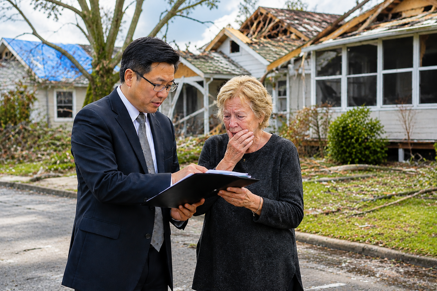 A man in a business suit and a woman in a green shirt standing in front of a severely damaged house with a collapsed roof. The man is holding a clipboard and discussing something with the woman, who is covering her mouth with her hand and appears distressed.