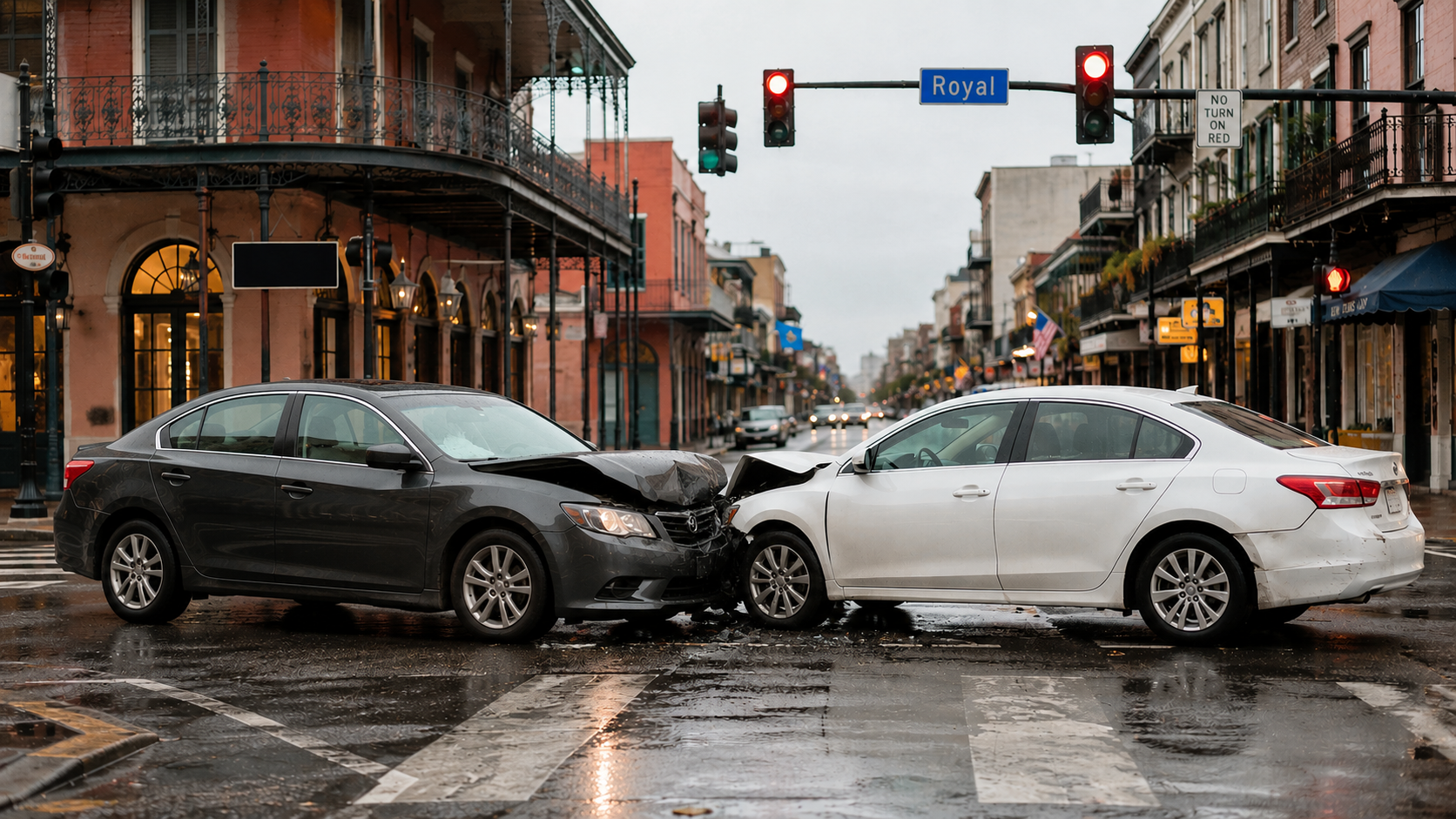 Two cars collided head-on in an urban street scene with brick buildings and balconies in the background.