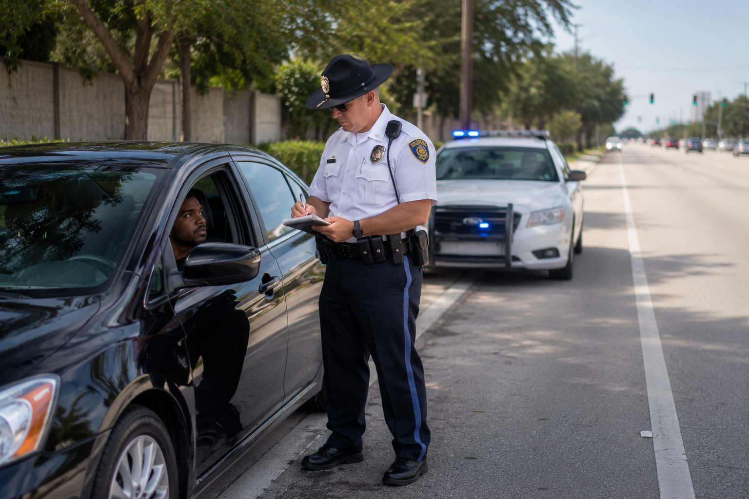 A police officer in uniform writing in a notebook while a man in a blue shirt looks on thoughtfully next to a silver car on a suburban street.