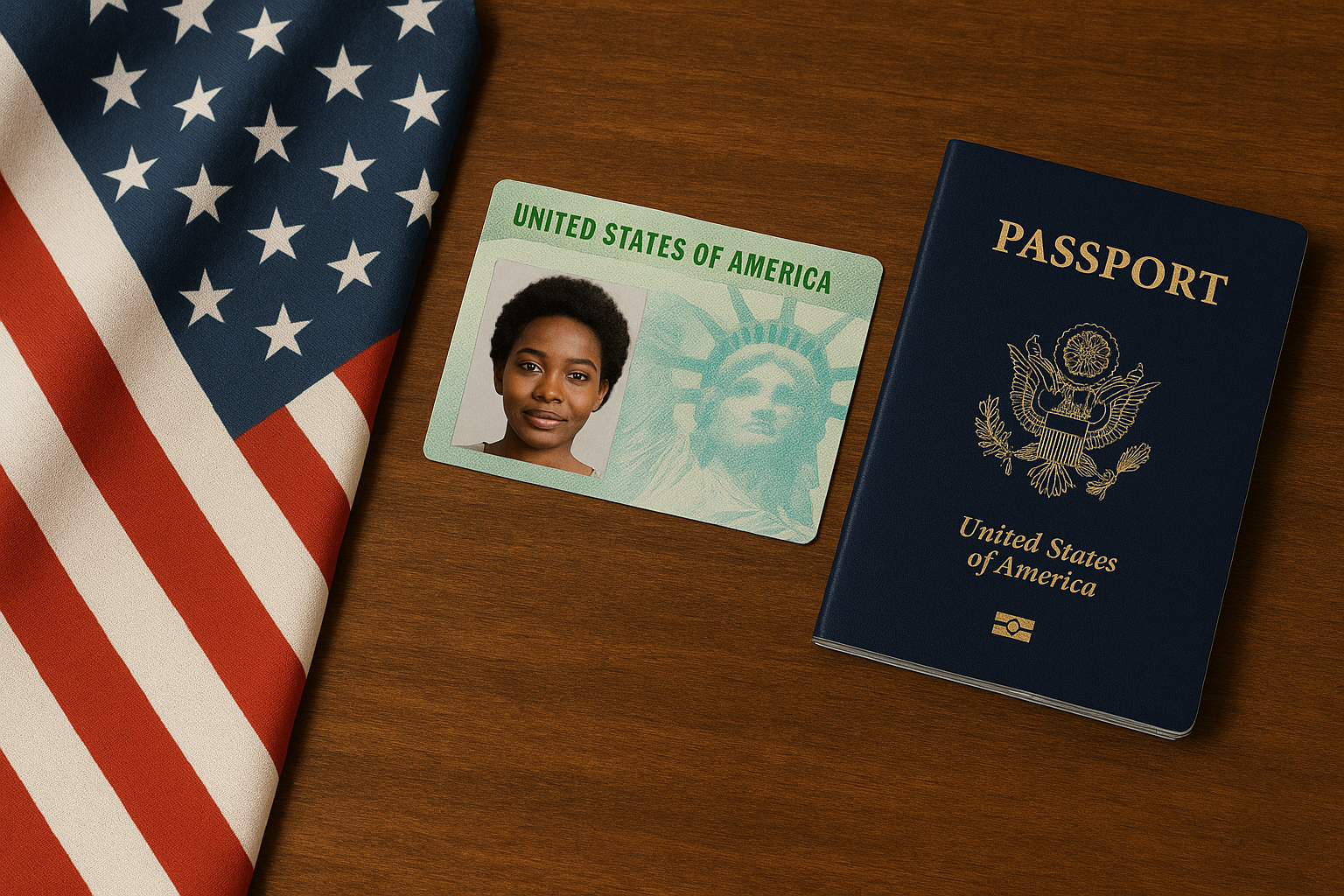 An American flag, a United States passport, a U.S. identity card with a woman's photo, all placed on a wooden surface.