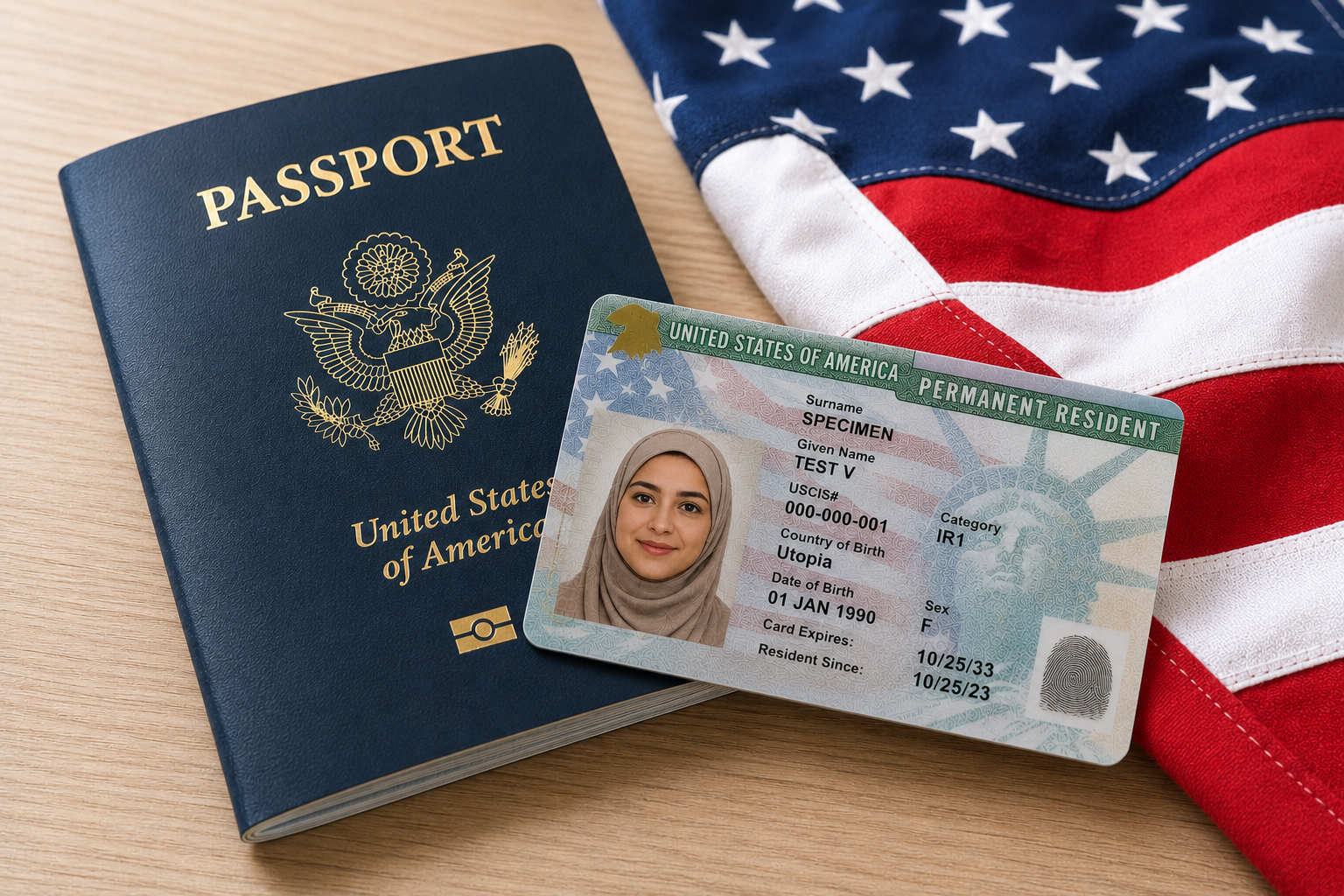 An American flag, a United States passport, a U.S. identity card with a woman's photo, all placed on a wooden surface.