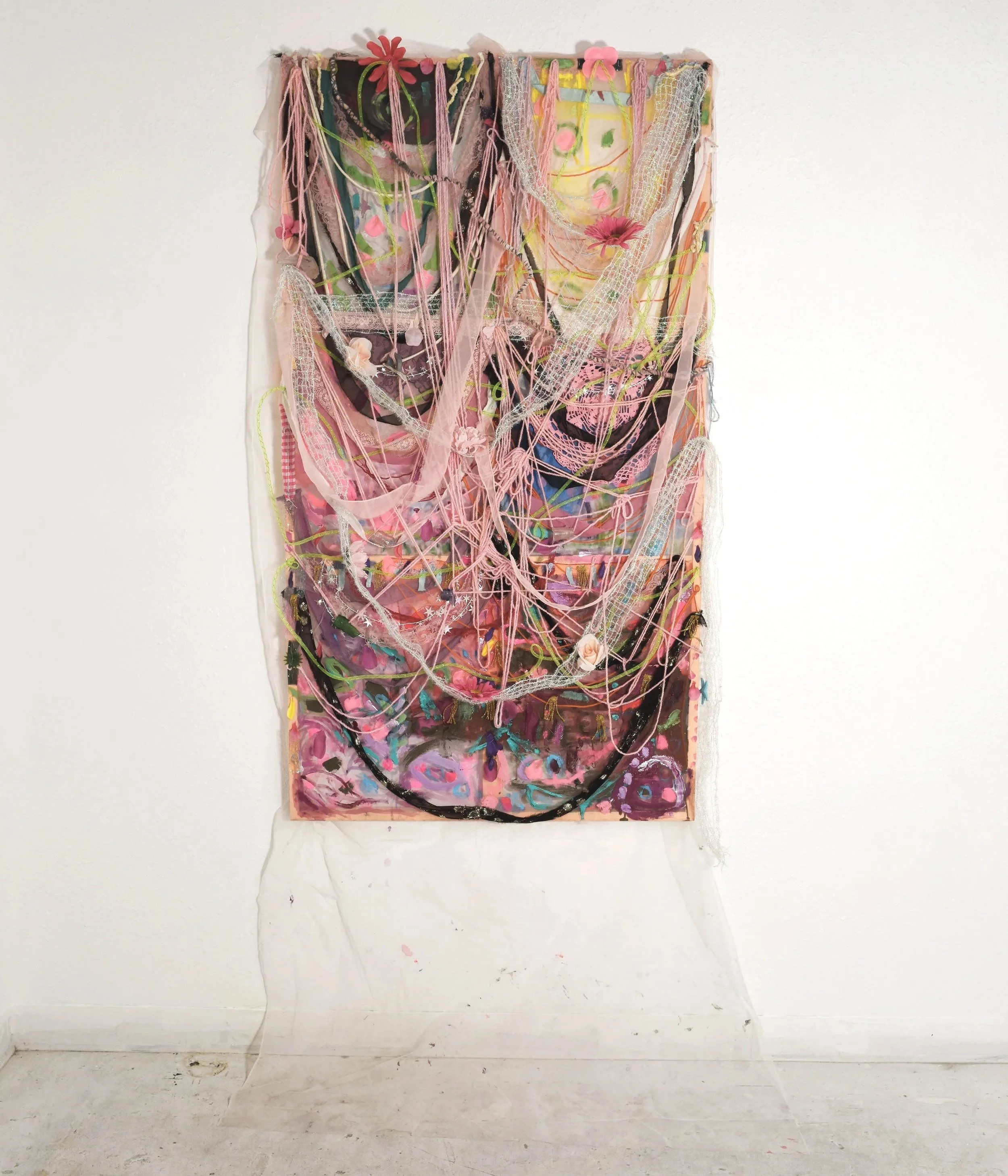 What if I added more?
Acrylic paint, Organza, Found glass, Unidentified sparkling material, String, Fake flowers
2026