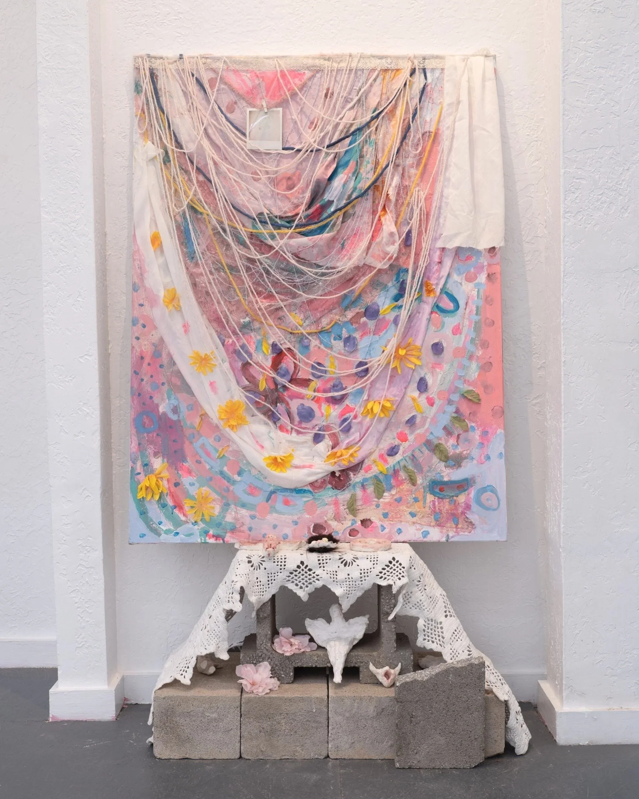 My feelings are always hurt
Acrylic paint on cotton, Liquid latex, Ceramic angels, Fake flowers, Glitter, Lace, Yarn, Other fabric, Cement, Polaroid of something... 
2026
