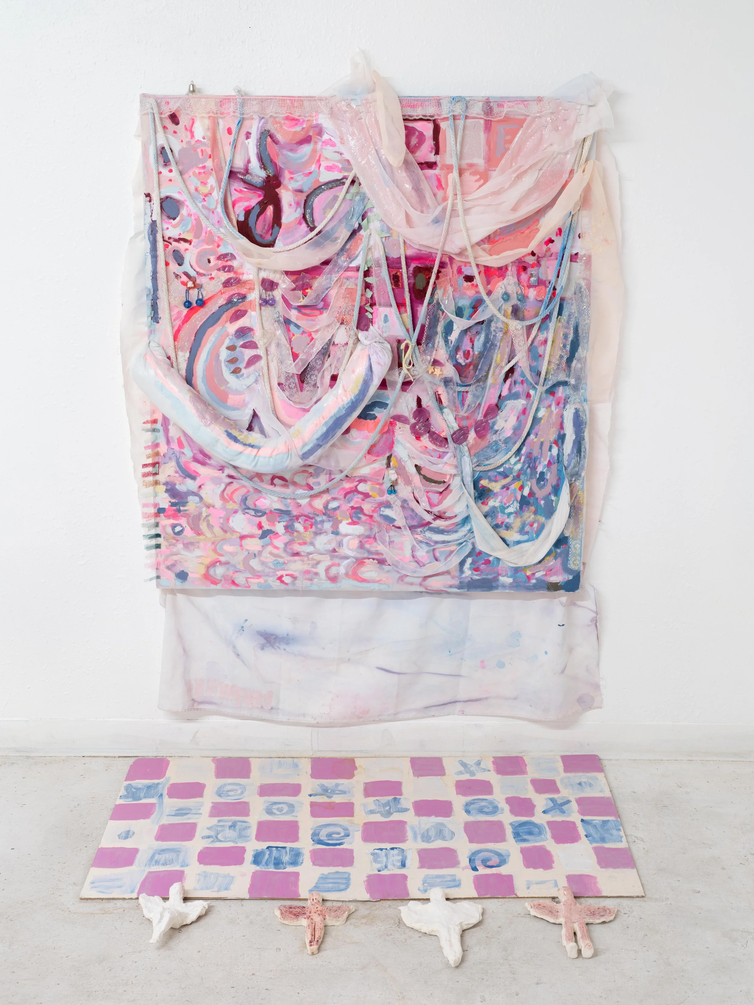 Can't you tell? It's a party
Acrylic paint on cotton, Wood, Ceramic angels, Hair bows, Glitter, Cotton, Wire, Rope, String, Staples, Liquid Latex
2026