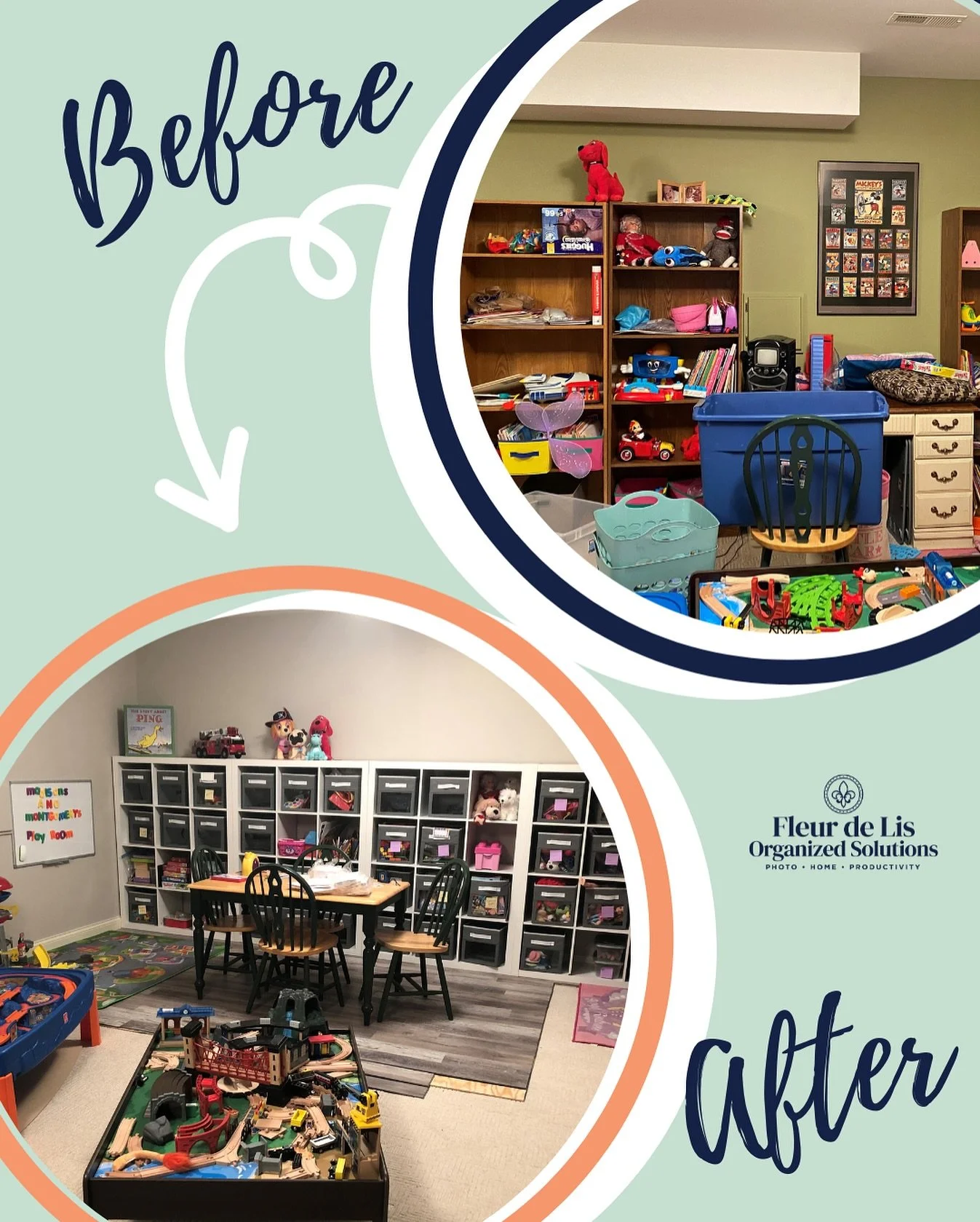 One of our favorites, the playroom makeover! 
Before: The kids&rsquo; playroom was a constant source of stress, toys scattered everywhere, pieces getting lost and daily cleanup felt like a never-ending chore

After: Everything now has a home! Toys ar