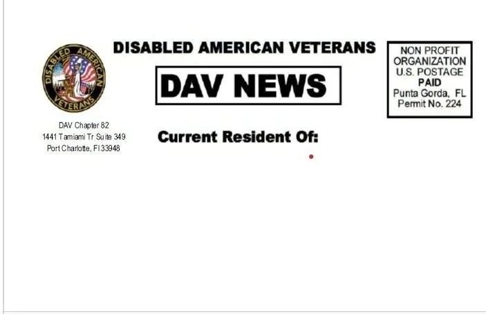 The document is a newsletter titled 'DAV News' for Disabled American Veterans. It features the DAV logo, which includes an eagle and American flag motif, and is addressed to current residents of an unspecified location. The newsletter is issued by DAV Chapter 82, located in Port Charlotte, Florida.