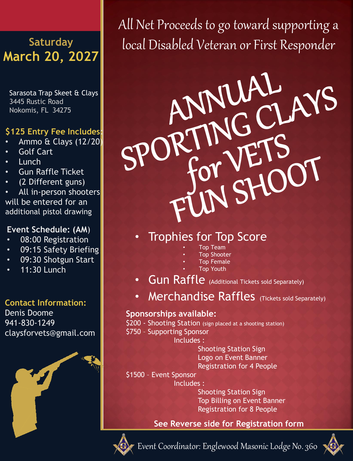 Event flyer for the Annual Sporting Clays for Vets Fun Shoot on March 20, 2027, at Sarasota Trap Skeet & Clays in Nokomis, Florida. Details include schedule, entry fee, and sponsorship opportunities.