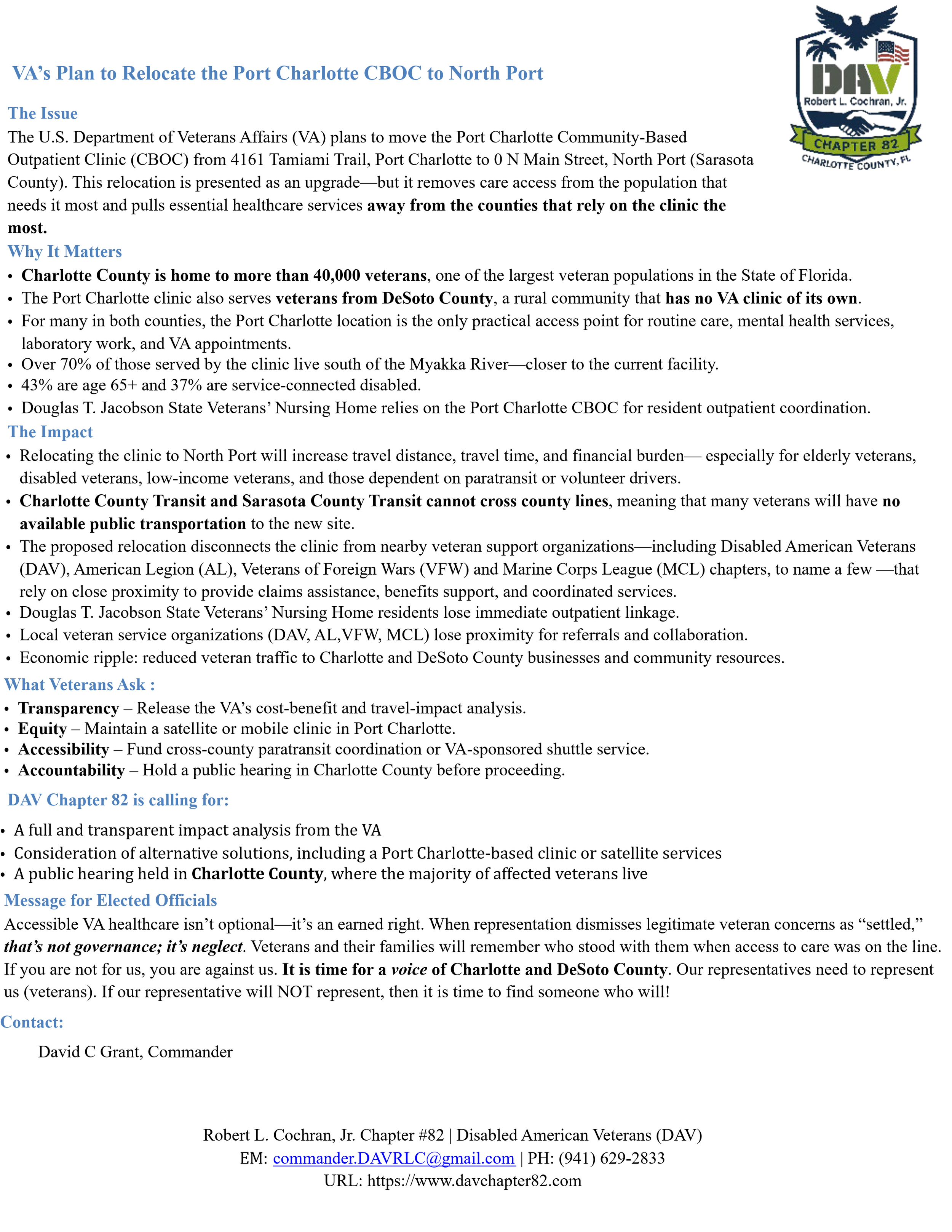 DAVRLC statement in opposition to VA moving Port Charlotte Community Based Outpatient Clinic (CBOC) to North Port.