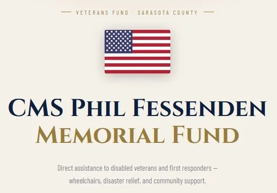 Poster for CMS Phil Fessenden Memorial Fund, sponsored by Veterans Fund Sarasota County, featuring an American flag and text about assistance to disabled veterans and first responders.