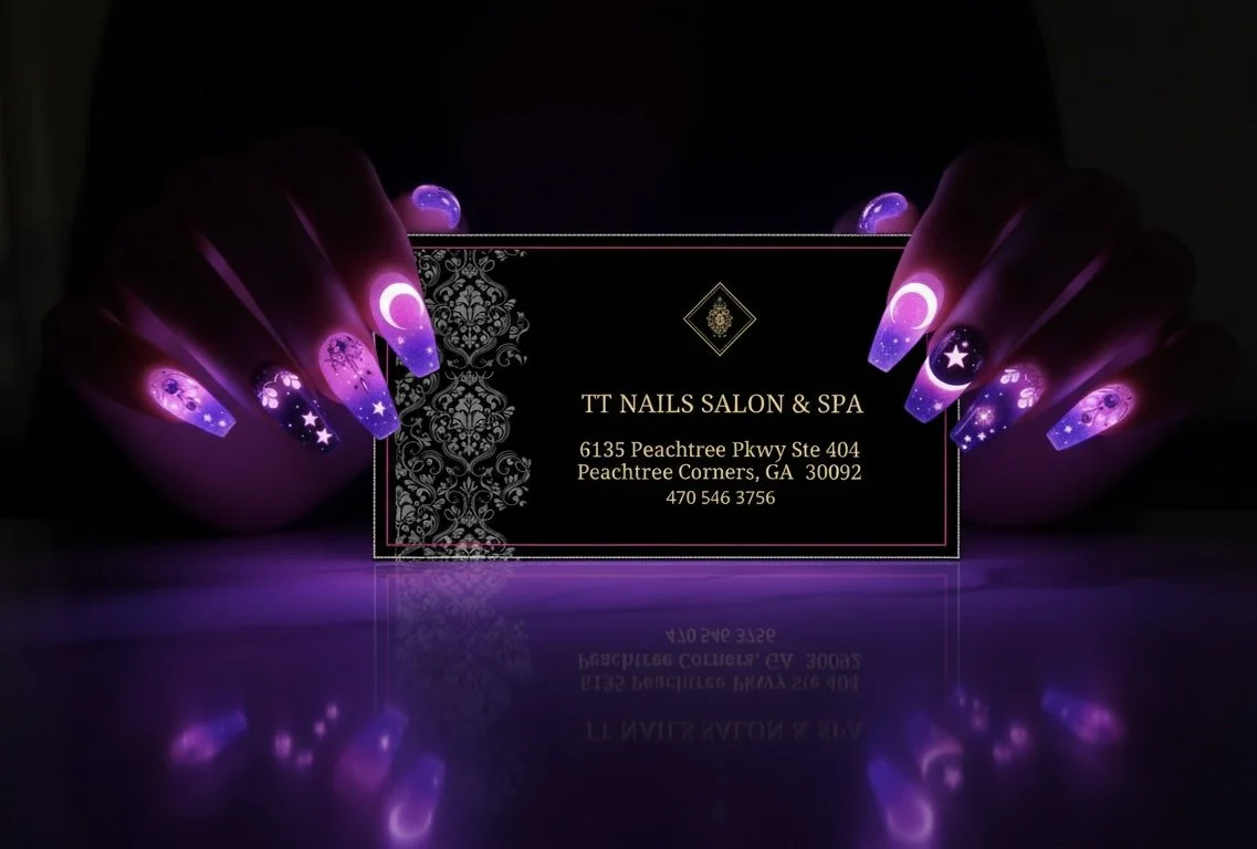 TT Nails Salon & Spa business card with purple nail art and address in Peachtree Corners, Georgia