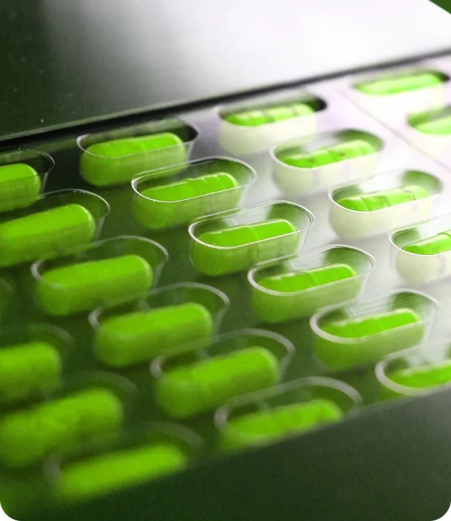 Green capsules or pills organized in a medical or pharmaceutical tray