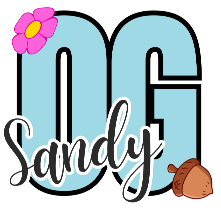 Decorative graphic with the name 'Sandy', a pink flower with a yellow center, an acorn, and large blue numerals '60'.