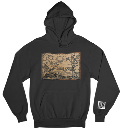 Gray hoodie with a screen-printed design of SpongeBob SquarePants and a skeleton in a surreal landscape with a sun and clouds. There is a QR code on the lower sleeve.
