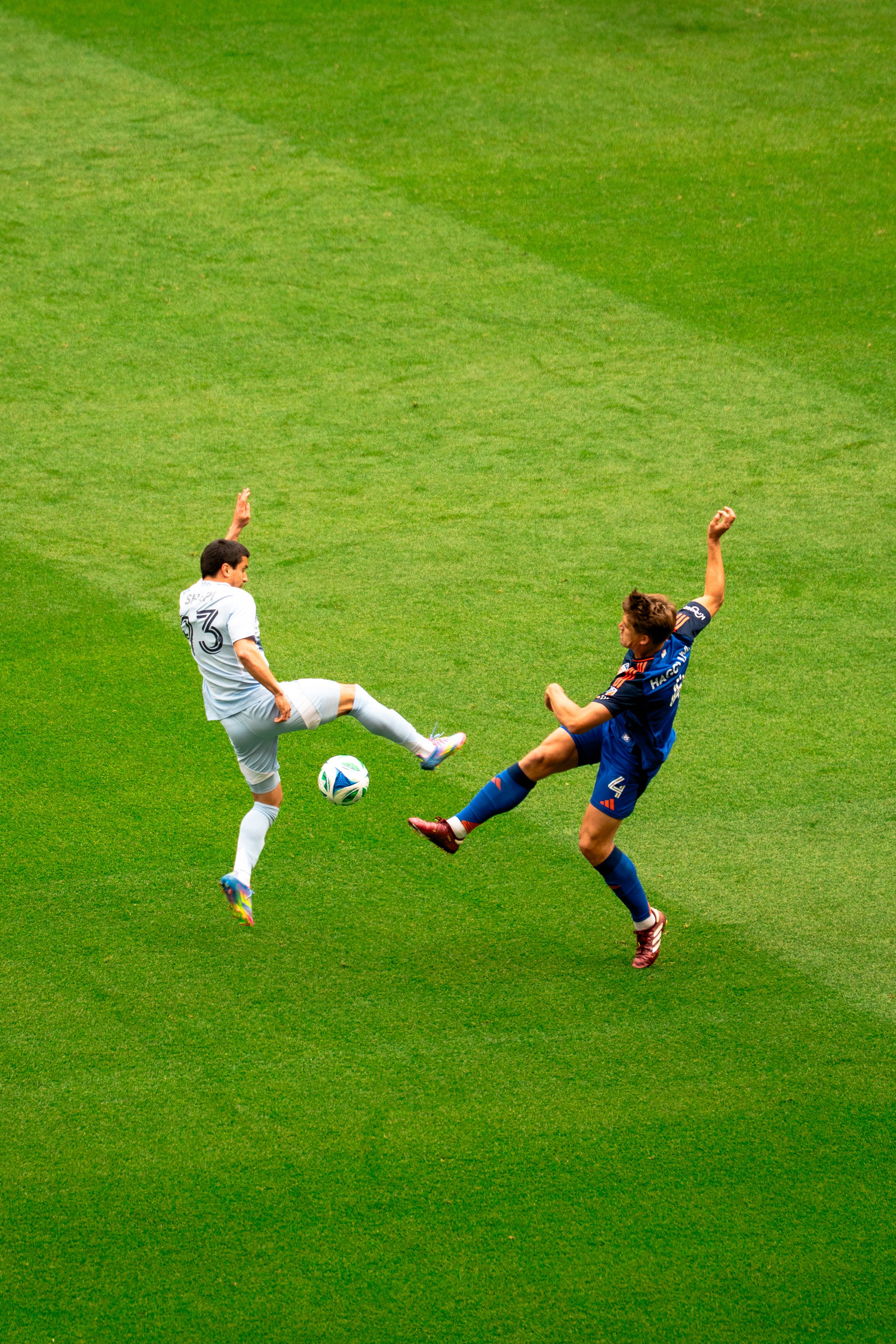 Two soccer players competing for the ball on a green field.