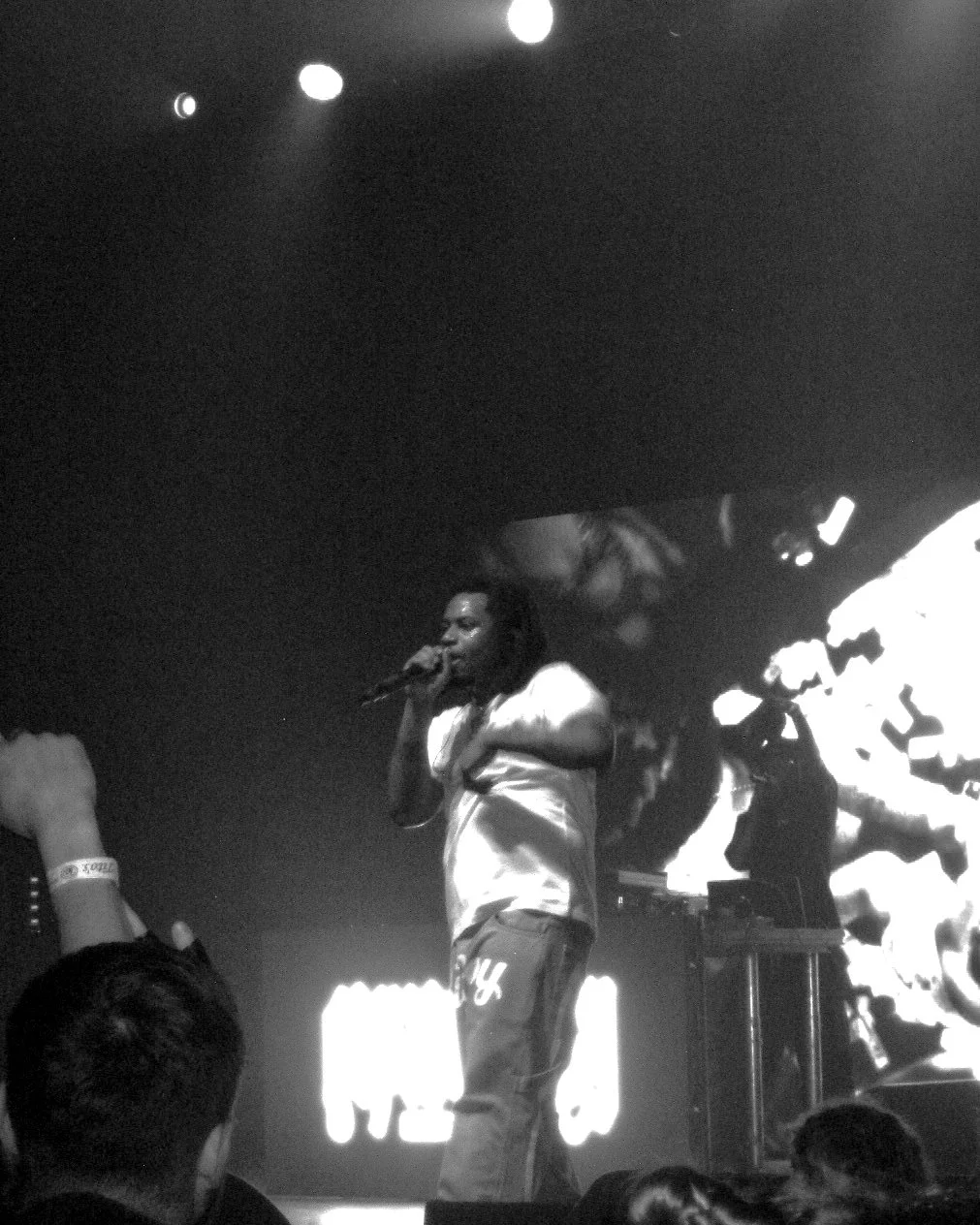 Performer singing into a microphone on stage during a concert, with digital screen visuals in the background.