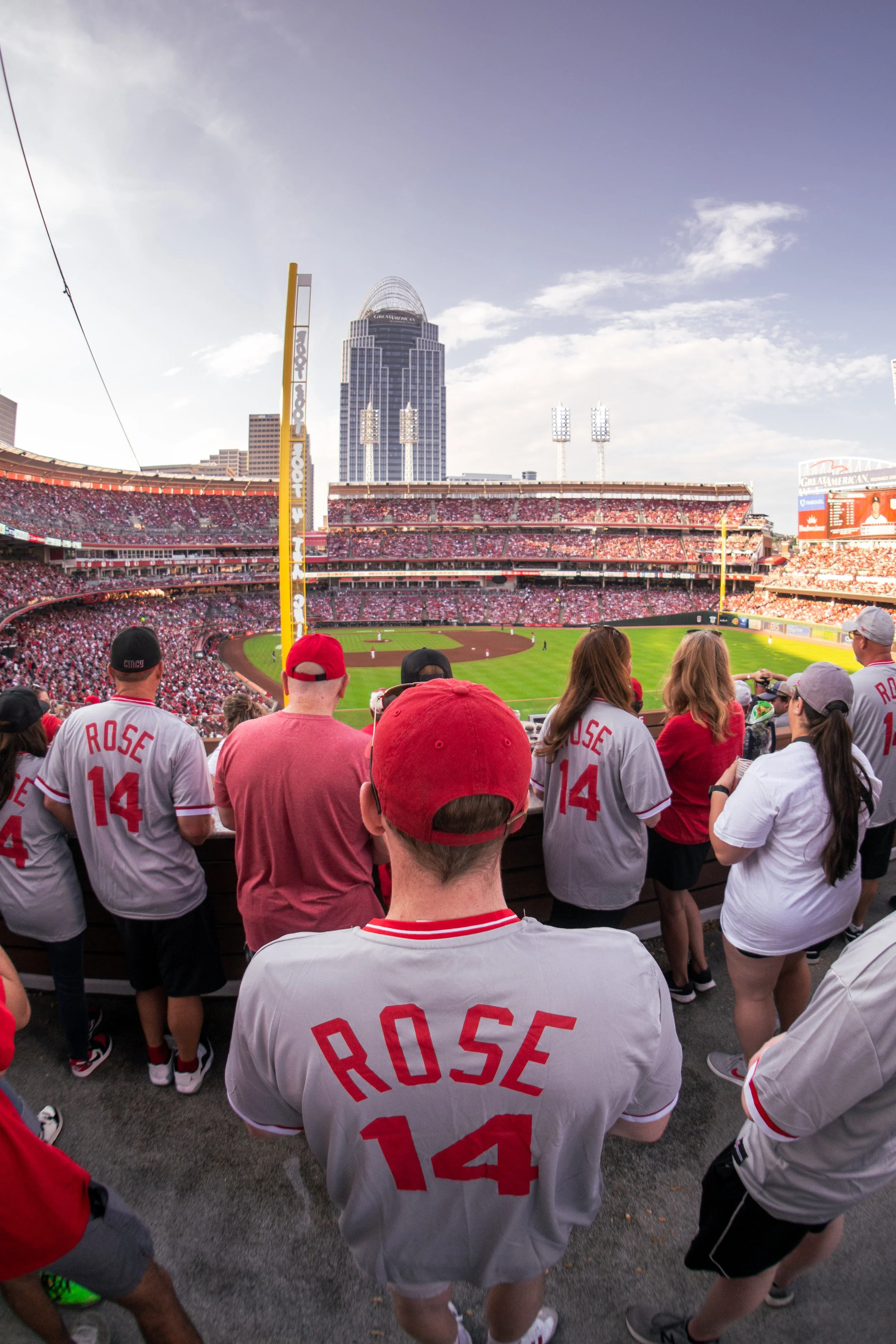 People watching a baseball game in a crowded stadium with city skyscrapers in the background, wearing white and red jerseys with the number 14 and the name Rose.