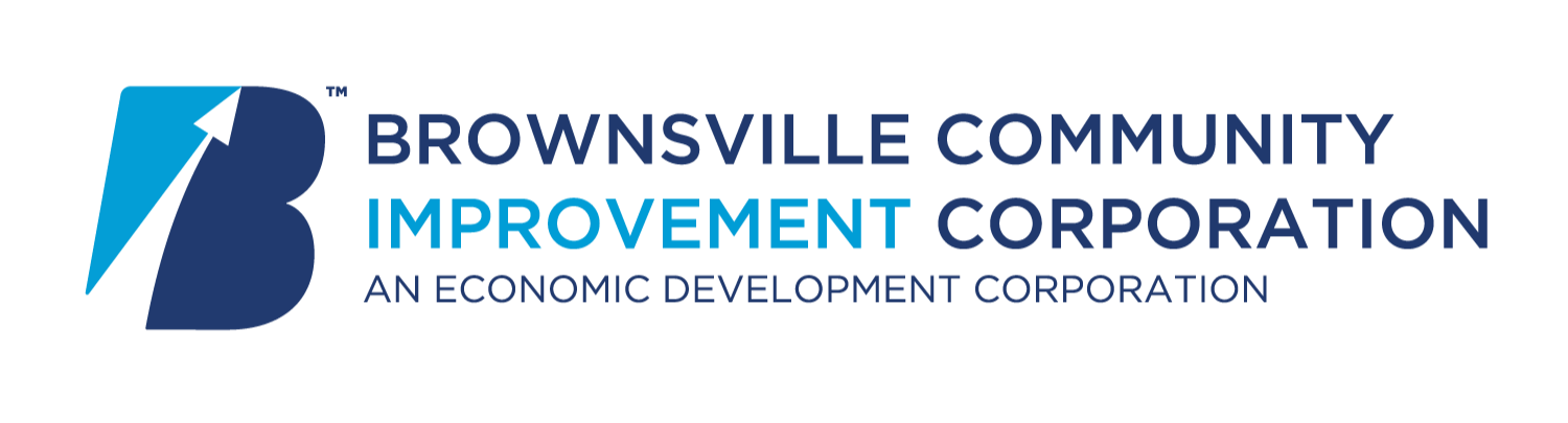 Logo for Brownville Community Improvement Corporation featuring a stylized letter B with an upward arrow, with text indicating it is a business under the Economic Development Corporation.