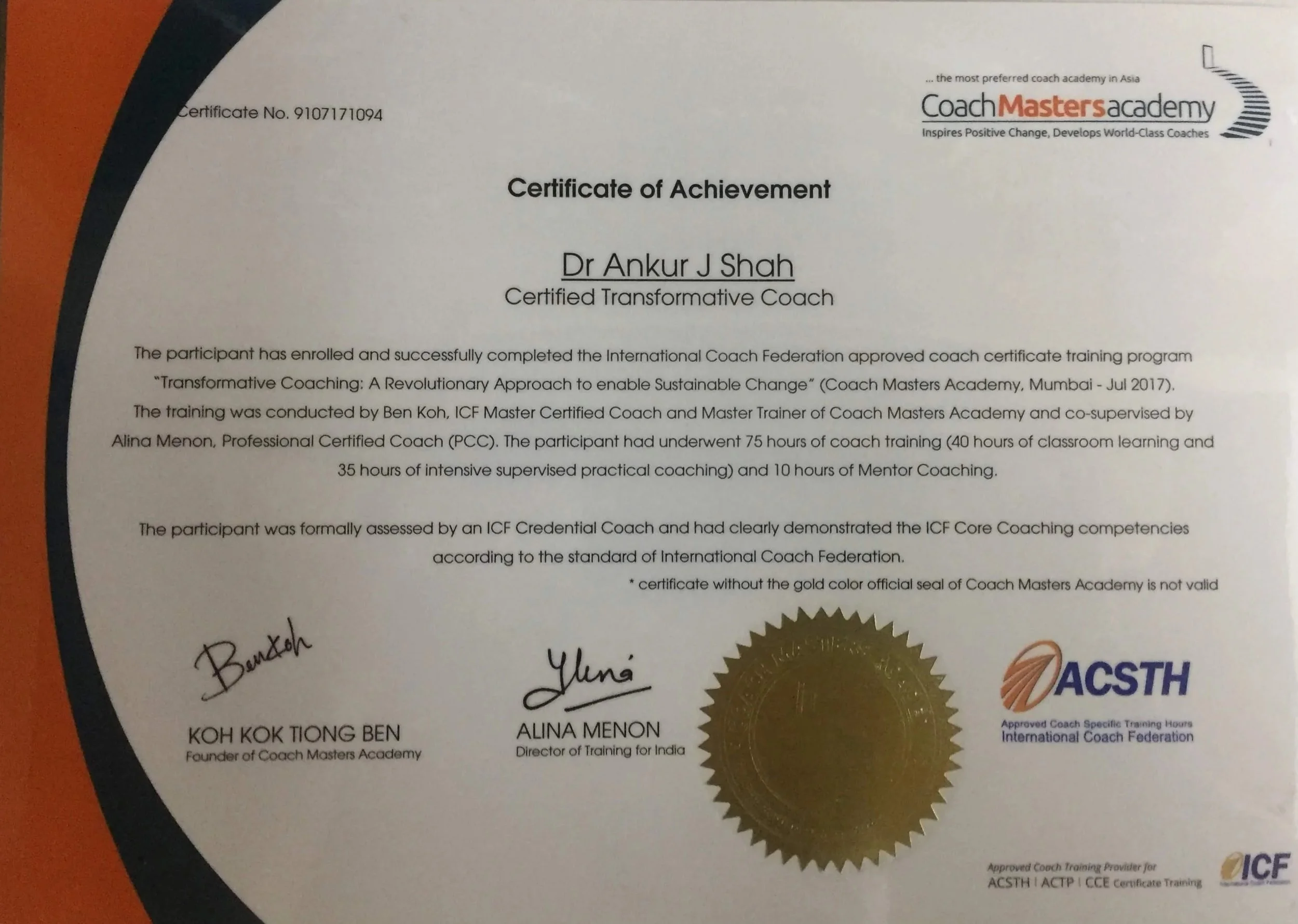 Certificate of Achievement awarded to Dr. Ankur J Shah by Coach Masters Academy, with signatures and a gold seal, recognizing completion of coach training program.