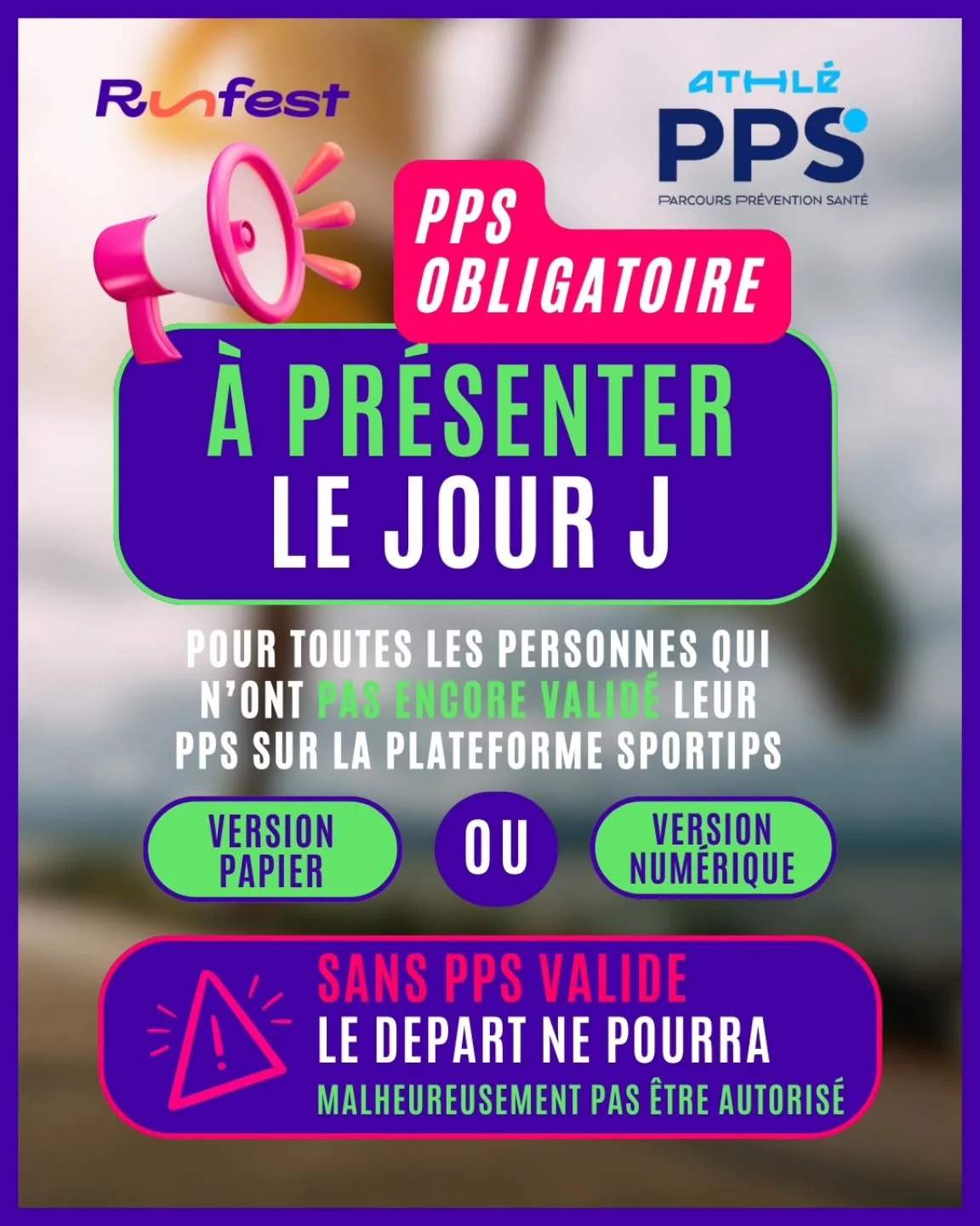 PPS &Agrave; PR&Eacute;SENTER LE JOUR J ⚠️

Pour les participants n&rsquo;ayant pas encore valid&eacute; leur PPS sur la plateforme, pas d&rsquo;inqui&eacute;tude : il pourra &ecirc;tre pr&eacute;sent&eacute; directement sur place le 30 mai ✅

 📱For