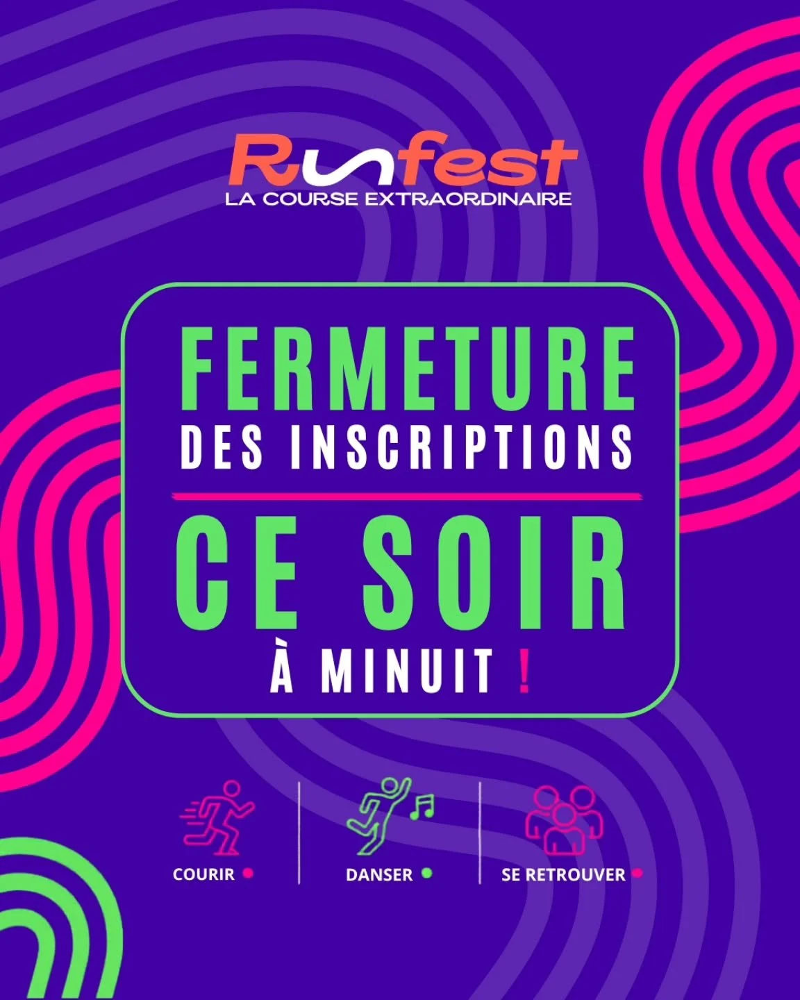 FERMETURE DES INSCRIPTIONS CE SOIR ⚠️

&Agrave; minuit, les inscriptions en ligne ferment officiellement 🔥

 Ne rate pas l&rsquo;exp&eacute;rience RUNFEST 💜

❓Team 5 km ou 10 km ? 👀
___________________________________________

run c&ocirc;te d&rsq