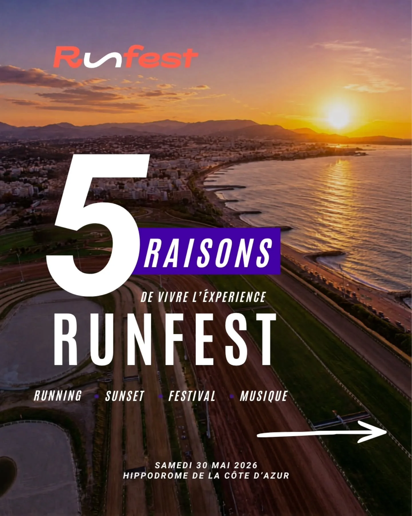 🏃&zwj;♂️ Et si tu vivais bien plus qu'une simple course ?

Runfest, c'est un parcours in&eacute;dit au c&oelig;ur de l'Hippodrome de la C&ocirc;te d'Azur, une ambiance festive tout au long de la journ&eacute;e, des animations sur le parcours, un vil