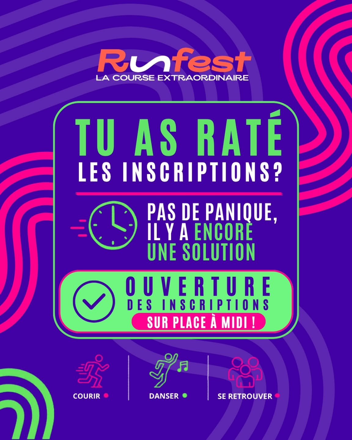 TU AS RAT&Eacute; LES INSCRIPTIONS ? 😅 

Pas de panique&hellip; 

Des inscriptions seront possibles directement sur place demain d&egrave;s midi 🔥 

🔥 Tag ton pote qui te dit toujours "&ccedil;a va, on a le temps" 😎
____________________