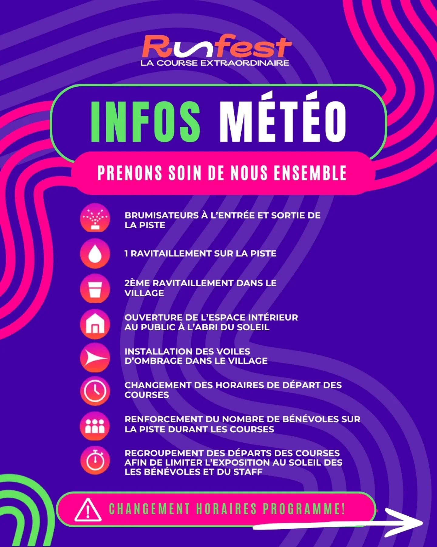 🚨 CHANGEMENT DE PROGRAMME - RUNFEST 2026

Afin de vous offrir la meilleure exp&eacute;rience possible malgr&eacute; les fortes chaleurs annonc&eacute;es, plusieurs ajustements ont &eacute;t&eacute; mis en place 💜☀️

✅ D&eacute;part des courses avan