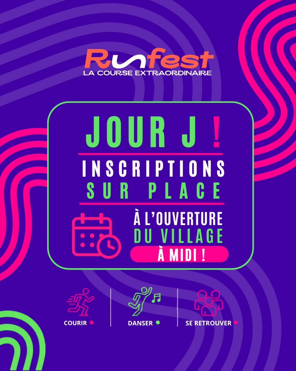 INSCRIPTIONS SUR PLACE OUVERTES 🔥 

D&egrave;s midi, il sera possible de rejoindre l&rsquo;aventure Runfest directement sur place 💜 

🎶 Village festif
🏃 Courses 5 km &amp; 10 km
☀️ Ambiance unique toute la journ&eacute;e 

 Rendez-vous d&egrave;s