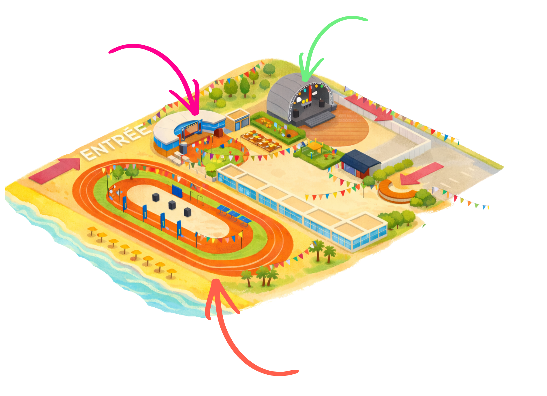Plan du village Runfest avec plusieurs zones, y compris une piste de course, une scène pour des spectacles et des zones de jeux pour enfants, entouré de décorations et d'aménagements extérieurs. Cet événement ment est à Cagnes sur Mer, près de Nice.
